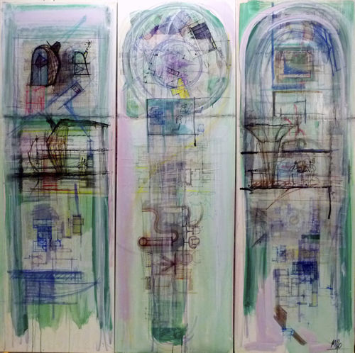 Quadro acrilico - Tryptic Green STRATICOLLAGE - San Polo Art Gallery | Contemporary Art & Design i - misto / astratto / per gallerie d'arte