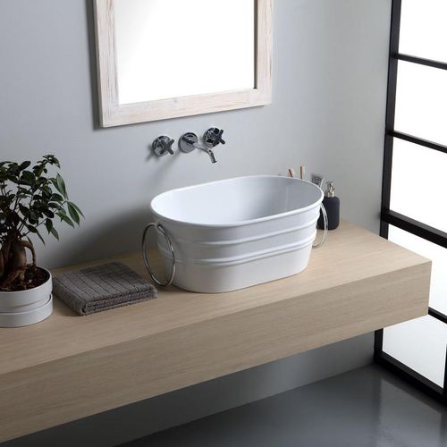 Lavabo da appoggio - TNZ02O - horganica - in ceramica / con portasalviette integrato / ovale