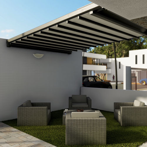 Pergola addossata - DAKHLA ATAQUE LITE - Sahara Pergolas - in alluminio / con copertura in tela / con copertura scorrevole