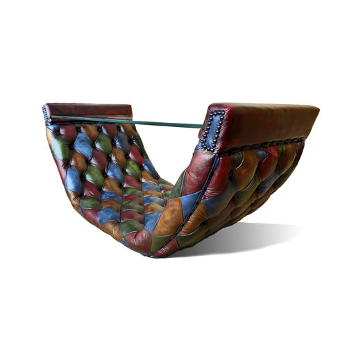 Tavolino basso design originale - ARCH - Harleq - in vetro / con supporto in cuoio / rettangolare