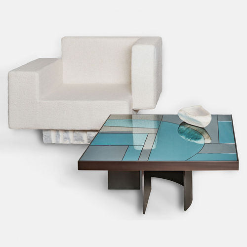 Tavolino basso contemporaneo - OKEANOS - ANAKTAE - in legno / in vetro / con supporto in legno