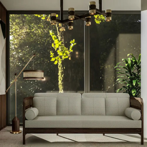 Lampada da terra - Hamilton - WOOD TAILORS CLUB - in ottone spazzolato / in noce / in rattan