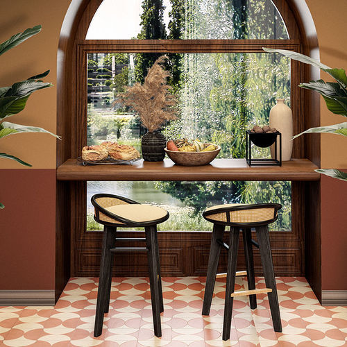Sgabello da bar contemporaneo - Brummell - WOOD TAILORS CLUB - in cotone / in noce / in rattan