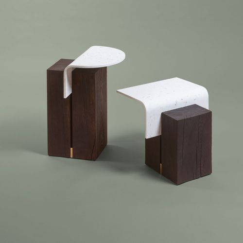 Tavolo d'appoggio contemporaneo - GHAN 92,8 - NOMA Editions - in plastica riciclata / con supporto in ottone / con supporto in quercia