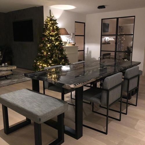 Tavolino basso contemporaneo - PETRIFIED WOOD AND CHASSIS - Defleure Home Collection - in legno fossilizzato / con supporto in ferro / ovale