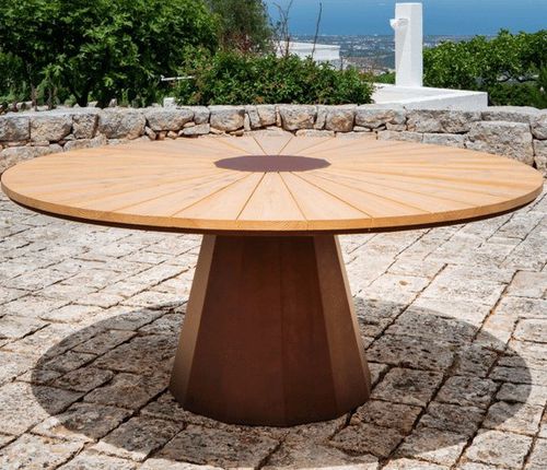 Tavolo contemporaneo - SPICA - Trackdesign - in larice / con supporto in acciaio COR-TEN® / rotondo