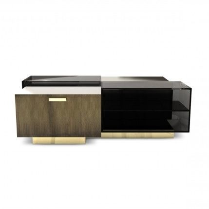 Tavolino basso contemporaneo - CUBICLE - Porus studio - in vetro fumè / in ottone spazzolato / con supporto in ottone lucido