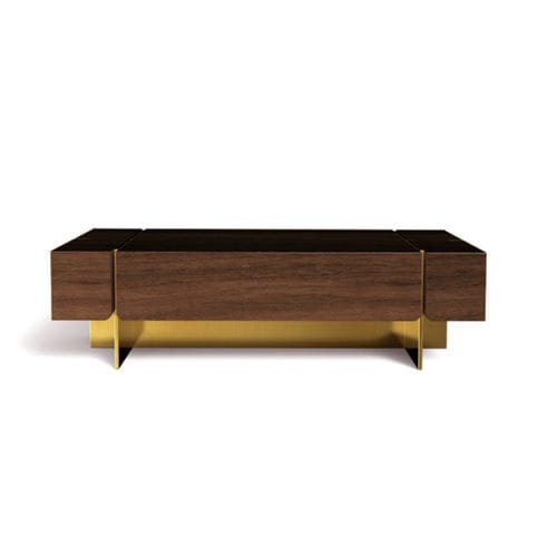 Tavolino basso contemporaneo - ROUTE - Porus studio - in noce americano / con supporto in ottone spazzolato / rettangolare