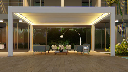 Pergola autoportante - GRETA FLOW - RGM srl - in alluminio verniciato / in PVC / con copertura scorrevole in tela PVC