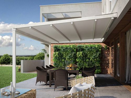 Pergola addossata - ÍBERA - ILISUN - in alluminio / in acciaio inossidabile / con copertura in tela
