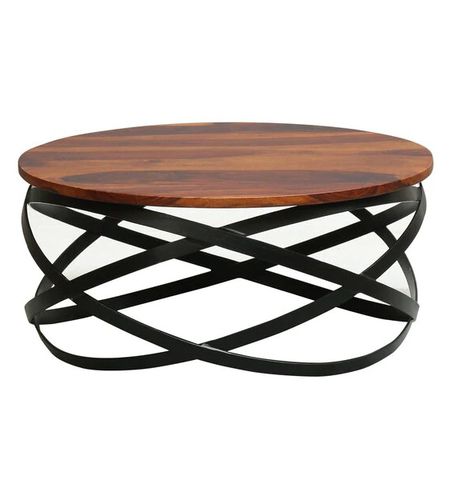 Tavolino basso design industriale - KANAWAA - Furniture BoutiQ - in legno massiccio / con supporto in ferro / rotondo