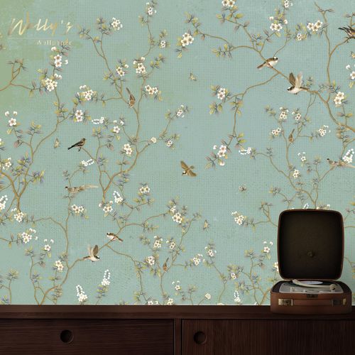 Carta da parati contemporanea - CHINOISERIE THEME  - Wally's - con motivi floreali / bianca / verde