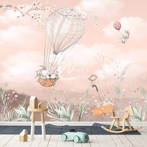 Carta da parati contemporanea - BALLOONS BUNNY  - Wally's - con motivo per bambini / verde / beige