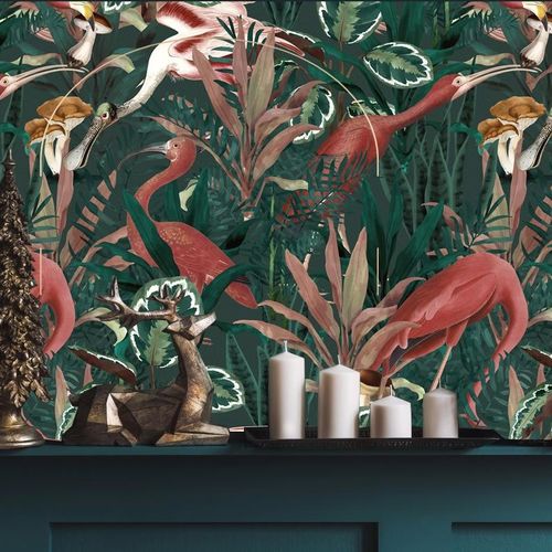 Carta da parati contemporanea - BURGUNDY BIRDY  - Wally's - con motivi naturali / verde / rossa