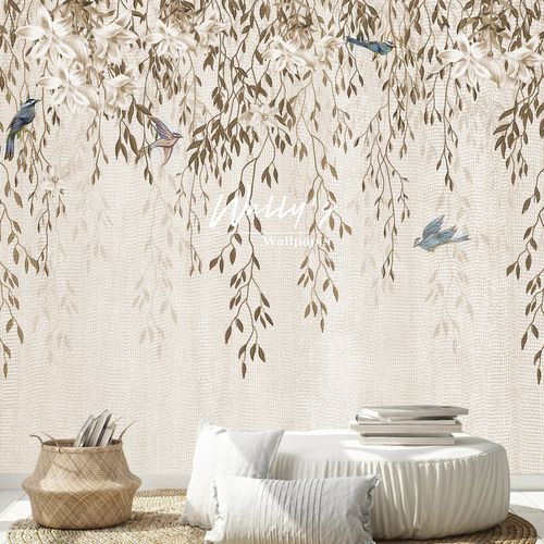 Carta da parati contemporanea - FLORASION BIRDS  - Wally's - motivi cinesi / grigia / verde