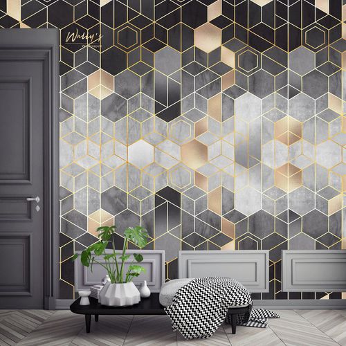 Carta da parati contemporanea - GREY TRELLIS  - Wally's - con motivi geometrici / grigia / dorata