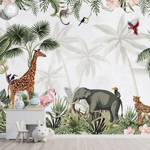 Carta da parati contemporanea - JUNGLE TROPICAL  - Wally's - con animali / grigia / verde