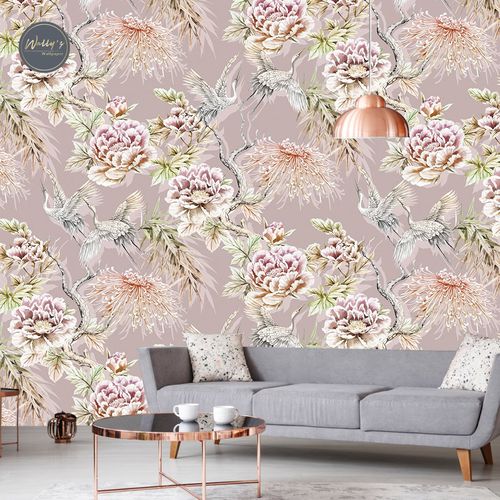 Carta da parati contemporanea - KIMONO LUXE  - Wally's - con motivi floreali / motivi cinesi / grigia