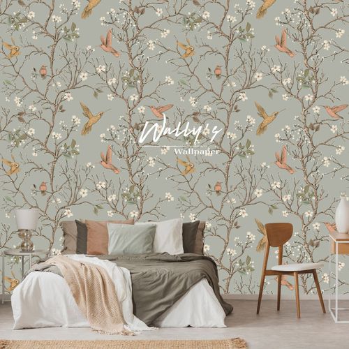 Carta da parati contemporanea - LITTLE FLORAL AND BIRDS  - Wally's - con motivi floreali / motivi cinesi / grigia