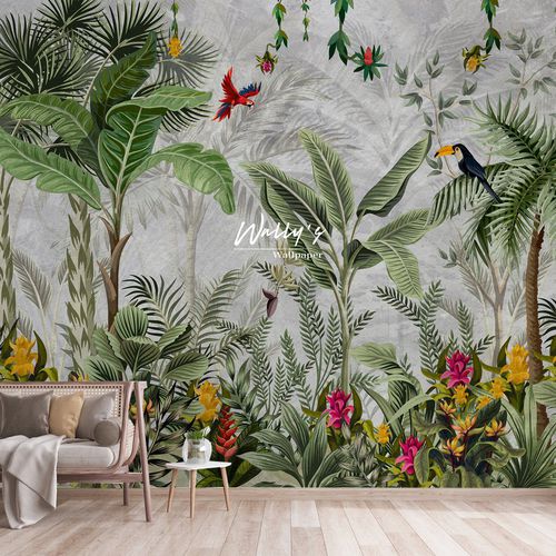 Carta da parati contemporanea - MONO TROPICS  - Wally's - con motivi naturali / grigia / verde