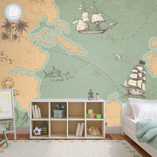 Carta da parati contemporanea - VINTAGE PIRATE  - Wally's - con motivo a mappa / verde / beige
