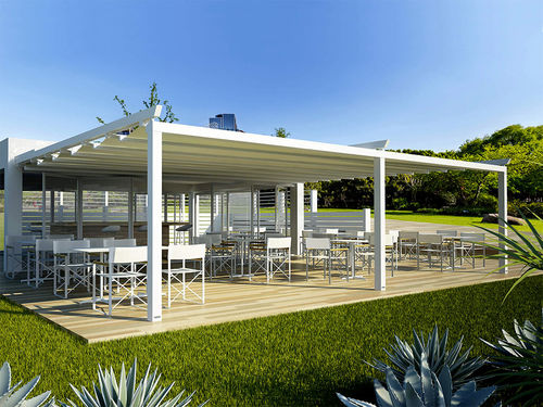 Pergola addossata - Stylex alterna - AMA sun protection industries - in alluminio termolaccato / con copertura scorrevole in tela PVC / a motore
