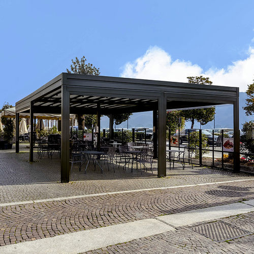 Pergola autoportante - Flat - AMA sun protection industries - in alluminio termolaccato / con copertura scorrevole in tela PVC / a motore