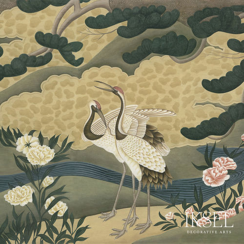 Carta da parati contemporanea - SC106 Japanese Cranes Original - Iksel Decorative Arts - con motivi naturali / con motivi floreali / panoramica