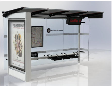 Pensilina per fermata d'autobus in vetro - CONECT - Primur - con panchina / con display integrato