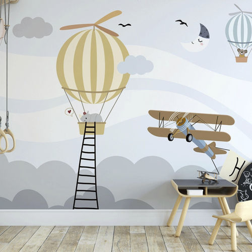 Carta da parati contemporanea - rhinocéros avion & montgolfière - MuralConcept - in tessuto non tessuto / panoramica / con motivo per bambini