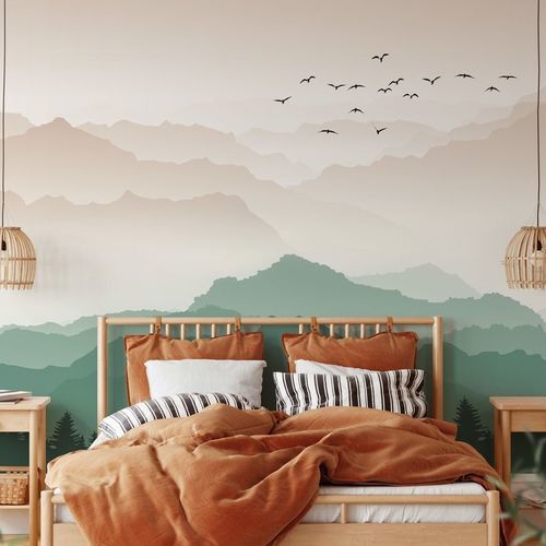 Carta da parati contemporanea - montagne dans brume terracotta - MuralConcept - in tessuto non tessuto / panoramica / verde