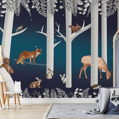 Carta da parati contemporanea - bois enchanté & ses animaux nuit étoilée - MuralConcept - in tessuto non tessuto / con motivi naturali / panoramica