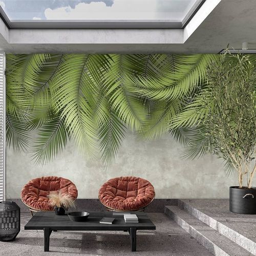Carta da parati contemporanea - feuille palmier & mur ciment - MuralConcept - in tessuto non tessuto / con motivi naturali / panoramica