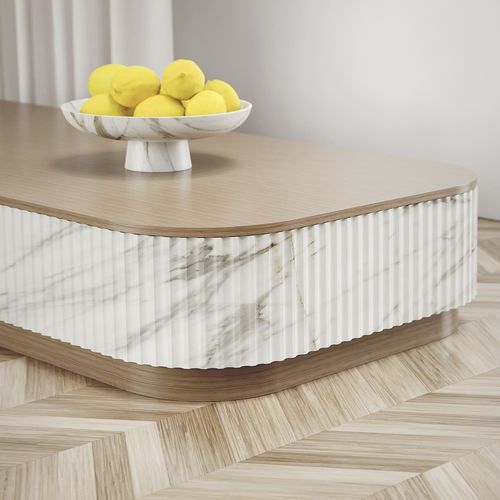 Tavolino basso contemporaneo - TRAMA - Pistore Marmi - in pietra / con supporto in quercia / rettangolare