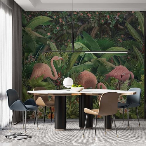 Carta da parati in tessuto non tessuto - FLAMANTS TROPICAUX - Kam et Leon - in poliestere / in vinile / con motivo con animali