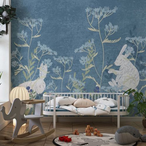 Carta da parati contemporanea - LAPINS ET FLEURS SAUVAGES - Kam et Leon - in tessuto non tessuto / in vinile / con motivo con animali