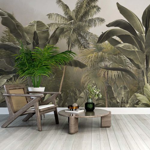Carta da parati contemporanea - FOR&Ecirc;T TROPICALE LUXURIANTE - Kam et Leon - in tessuto non tessuto / in vinile / con motivi floreali