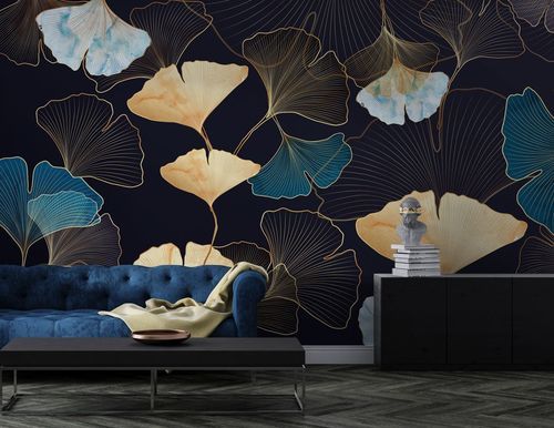 Carta da parati contemporanea - FEUILLES DE GINKGO DOR&Eacute;ES - Kam et Leon - in tessuto non tessuto / in vinile / con motivi floreali