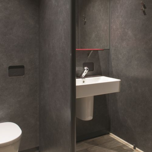 Box doccia in laminato - SANI-MODULE SYSTEM - SANITEC - PAREO - con sportello battente / rettangolare / per bagno pubblico