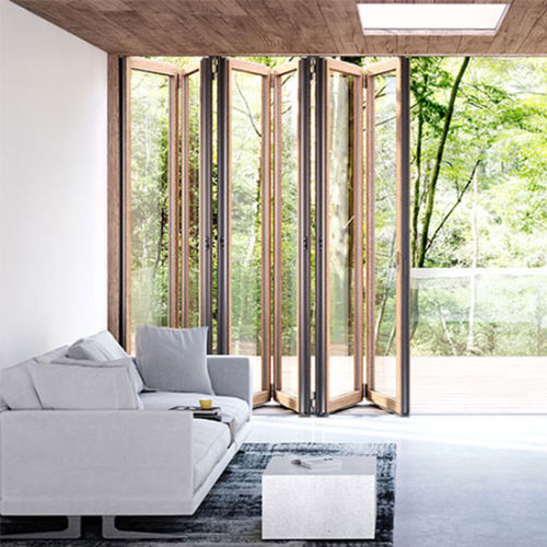 Vetrata a fisarmonica - WOODLINE - SOLARLUX - in legno / in alluminio / a doppi vetri
