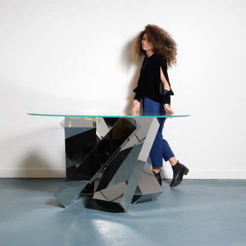 Tavolo contemporaneo - Megalith - Duffy London - in vetro / con supporto in acciaio inossidabile lucido / con supporto in acciaio verniciato a polvere