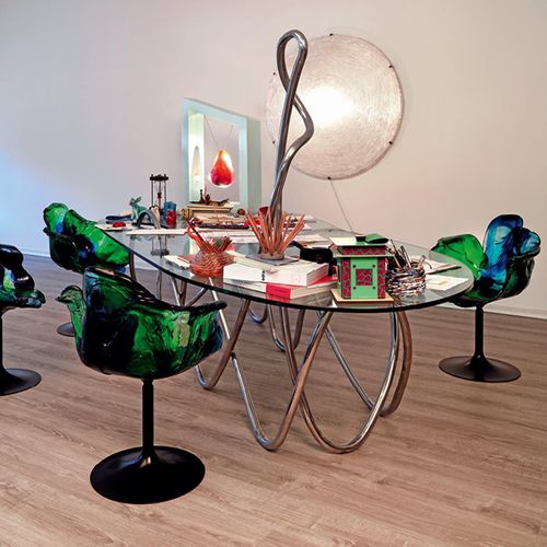 Tavolo design originale - CAPRICCIO - edra - in vetro temprato / con supporto in acciaio inossidabile / curvo