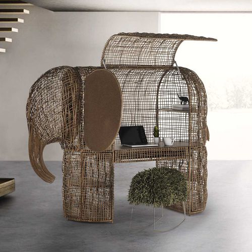 Scrivania design originale - BABAR - Kenneth Cobonpue - in rattan / in acciaio / con contenitore