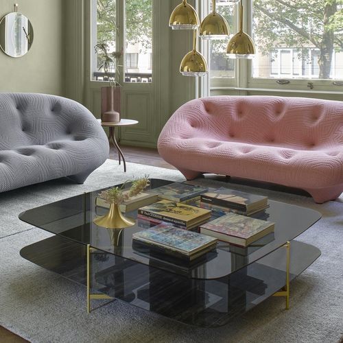 Tavolino basso contemporaneo - CLYDE - Ligne Roset - in vetro / in gres porcellanato / con supporto in acciaio
