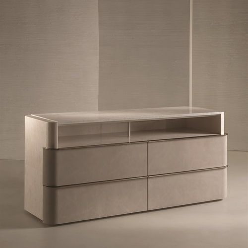 Cassettone contemporaneo - SEAN - LONGHI S.p.a. - in metallo / in pelle / in legno laccato brillante