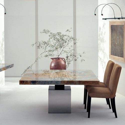 Tavolo da pranzo contemporaneo - ATHENA - Stone International - in pietra naturale / con supporto in acciaio inossidabile lucido / rettangolare