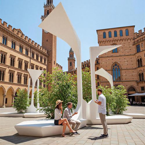 Panca per spazi pubblici contemporanea - STATION + FH2O - Borvo - in alluminio spazzolato / modulare / con struttura ombreggiante