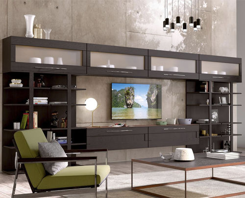 Parete attrezzata TV contemporaneo - Positano  - ARCARI ARREDAMENTI - in noce / in legno laccato brillante / con ripiani