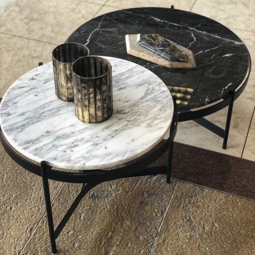 Tavolino estraibile contemporaneo - CARRARA  - PASIFIK GRANIT - in marmo / con supporto in metallo / rotondo