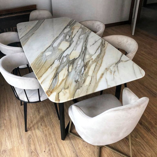 Tavolo da pranzo contemporaneo - CALACATTA - PASIFIK GRANIT - in marmo / con supporto in metallo / rettangolare